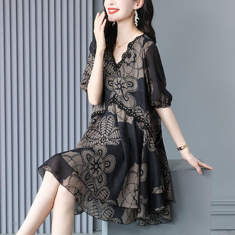 Dress Women Summer Large Size Short Sleeve Loose Printed V-Neck Lace Skirt