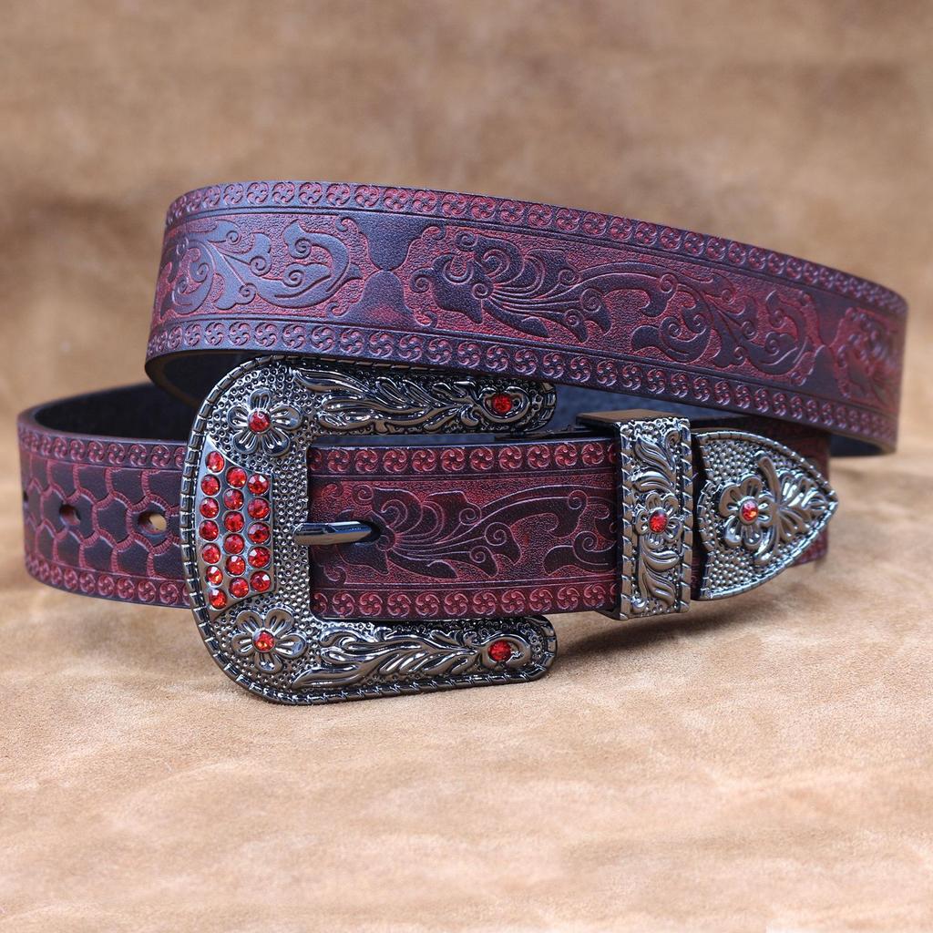 Amerikaanse Retro Embossed Koeienhuid Riem - Handgemaakt, Veelzijdig, Trendy Gesp met Pin voor Mannen