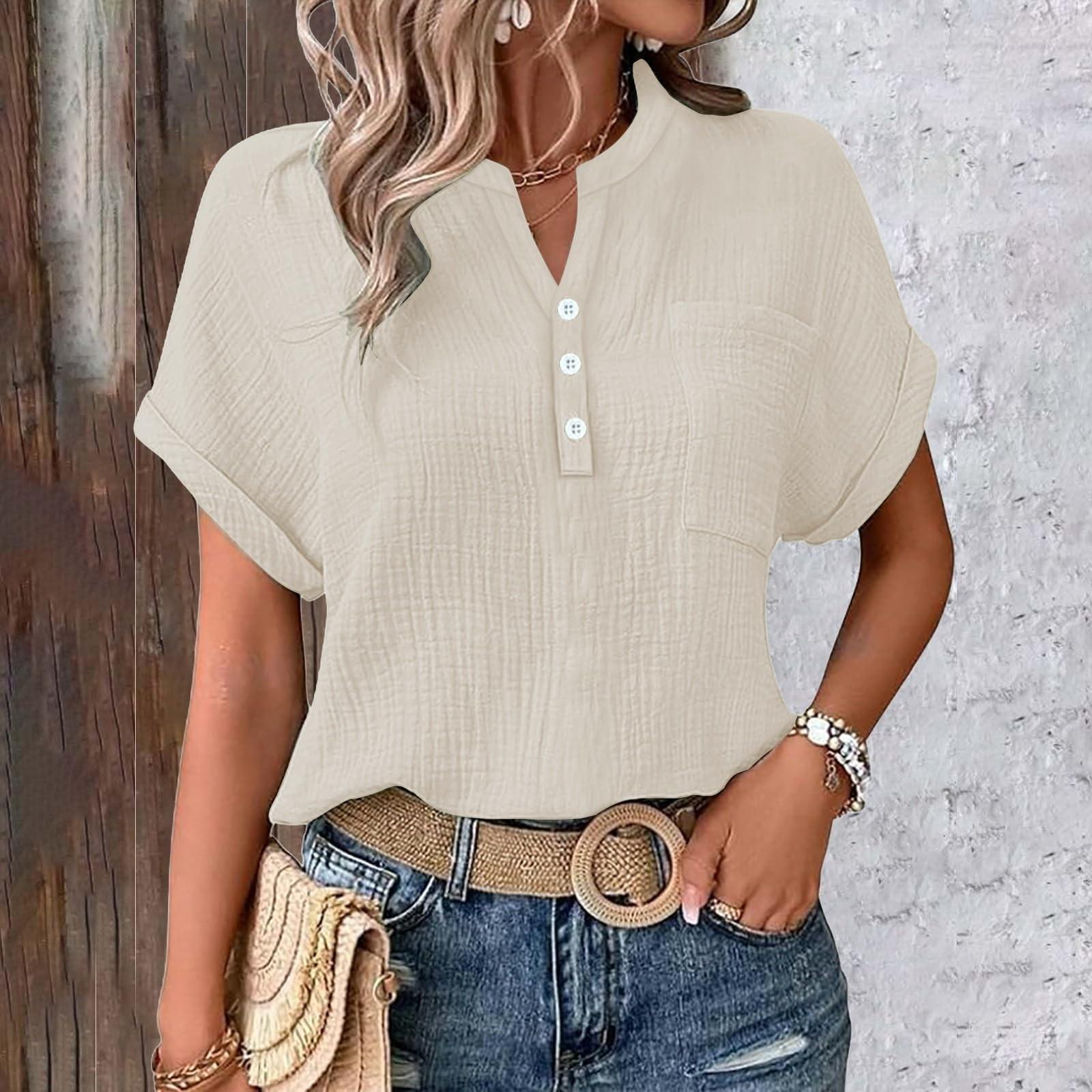 

Женская блузка, Льняная блузка, Женская летняя льняная рубашка на пуговицах, Блузка с V-образным вырезом и короткими рукавами и карманами S бежевый