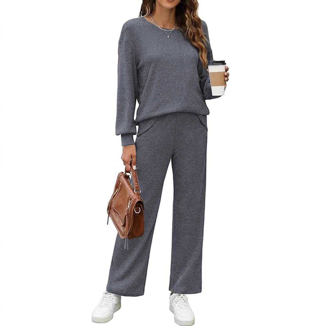 

Женский комплект осень-зима однотонный звездное небо нитка домашний топ с длинными рукавами и круглым вырезом прямые брюки XXL шифер серый