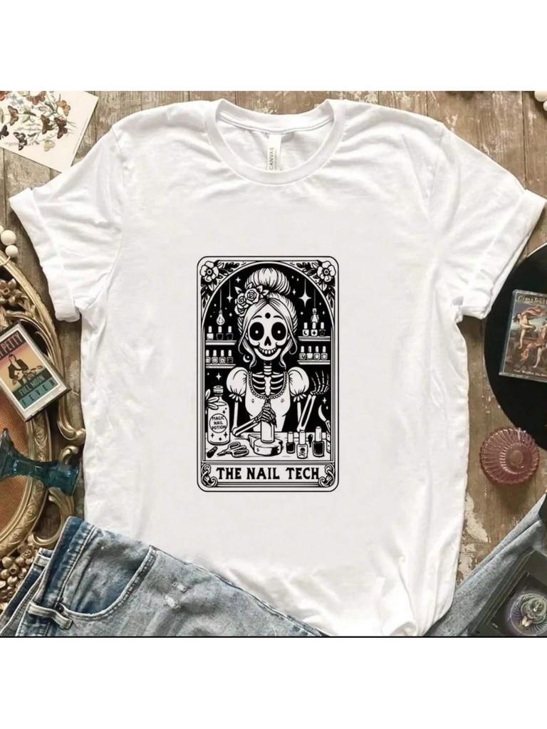The Nail Tech Fashion Versatile Casual Round Neck Short Sleeve T-Shirt Retro Fun Print T-Shirt Top Short Sleeve Loose T-Shirt