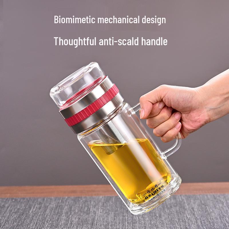 High Temperature Resistant Large Capacity Glass Tea Cup with Infuser, Double-Walled, Heat Insulated, and Portable Borosilicate Glass.