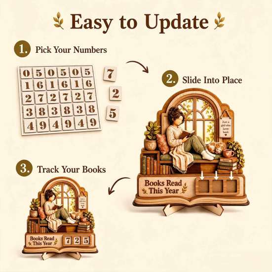 Motivational Reading Challenge Sign Book Read This Year Tracker, 3D Layered Wooden Window Handcrafted Room Accent Piece Girl Count Stand with