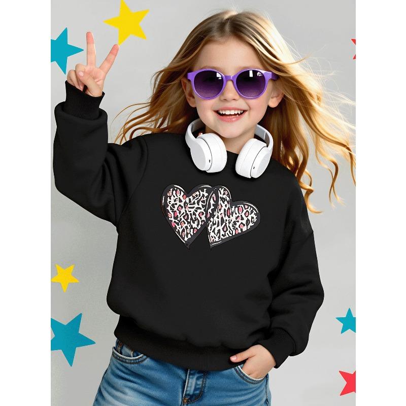 Heart Pattern Print Design Girls' Crew Neck Fashion Sweatshirt, Autumn and Winter Western Style Top, Children's Long Sleeved T-shirt