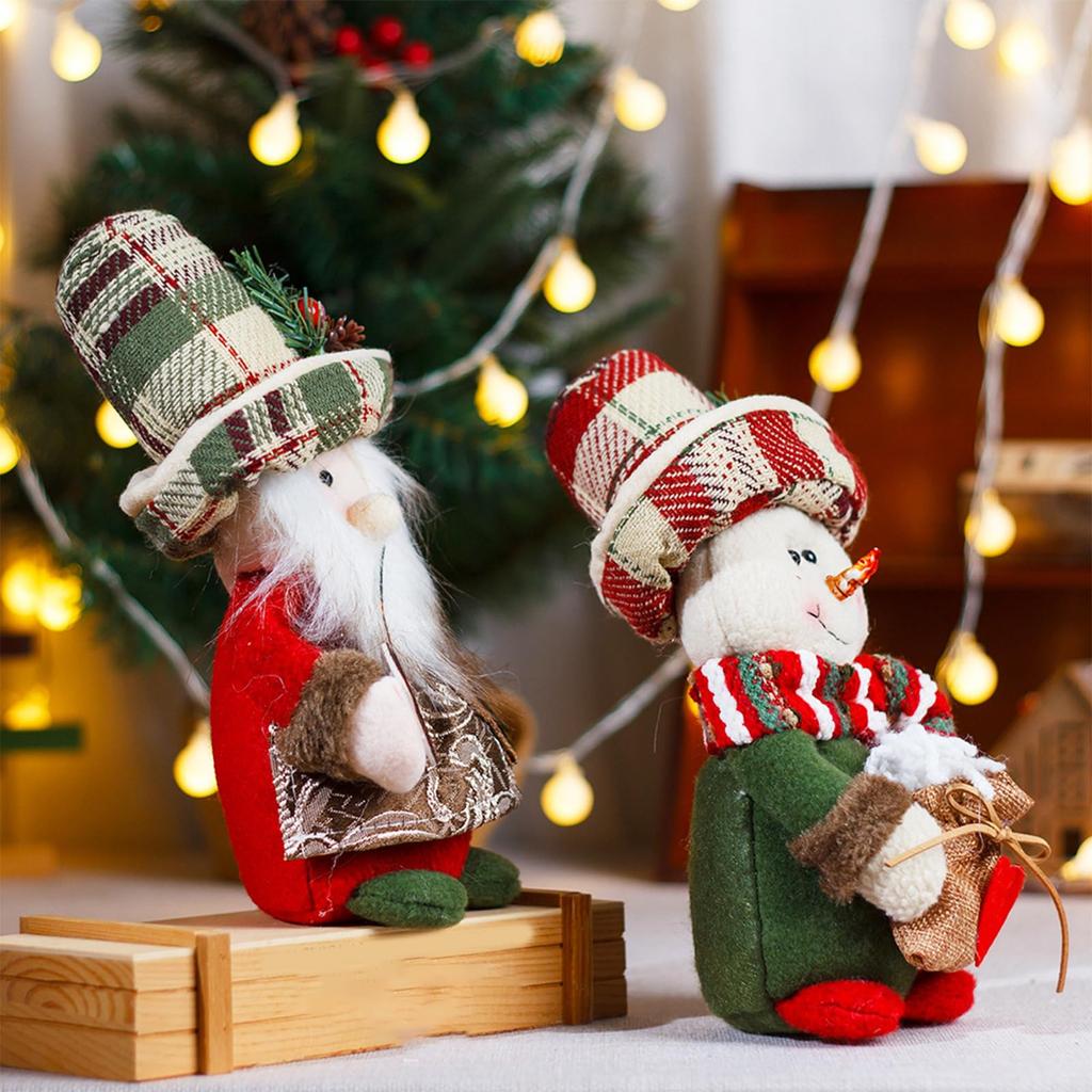 Vintage Checkered Hat Santa And Snowman Plush Dolls Figurines Christmas Home Table And Shelf Decors Accents