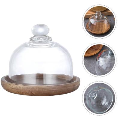 Glass Lid Tray Dessert Display Stand Cake Dome Foretaste Plate Mini with Food Server Wood