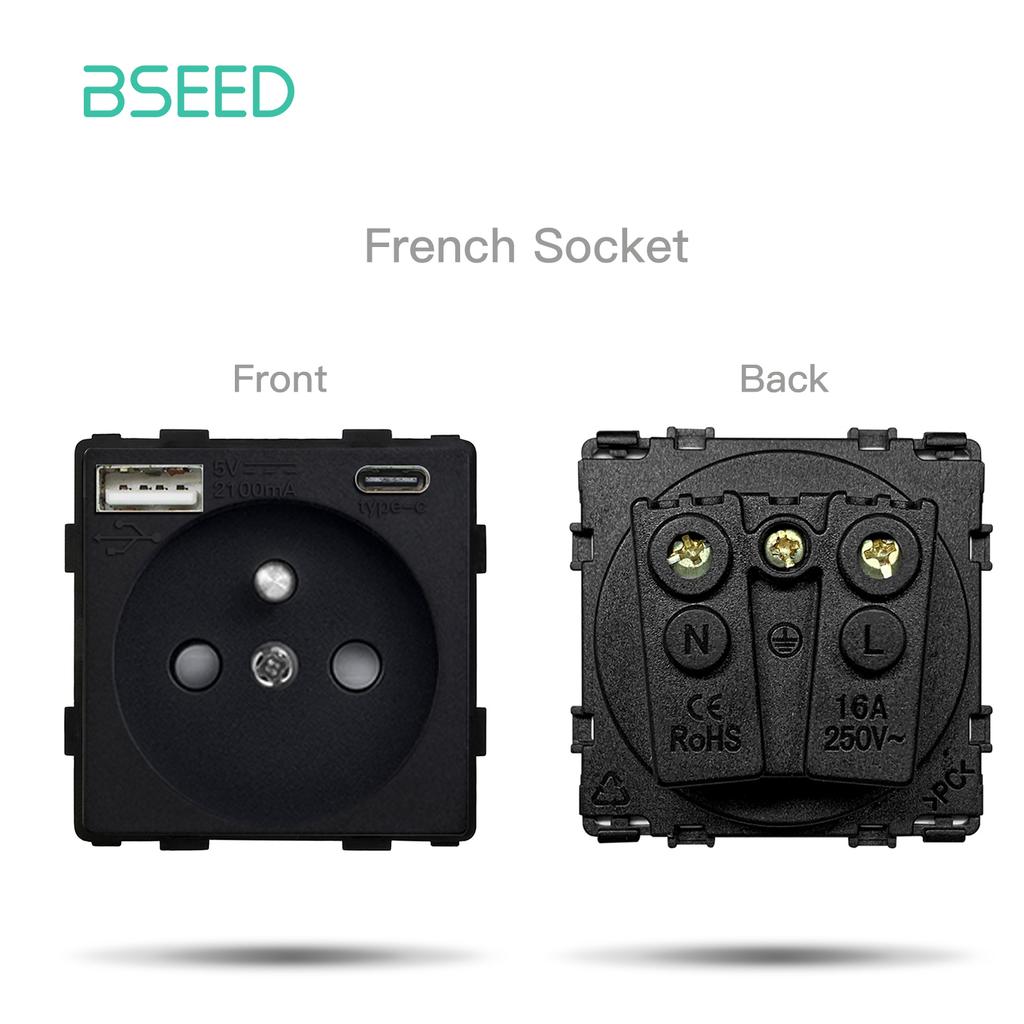 BSEED Glass Socket Frames 1/2/3Gang Mechanical Button Switches French Socket TV ST RJ45 CAT5 Type-c USB Sockets DIY Insert Parts