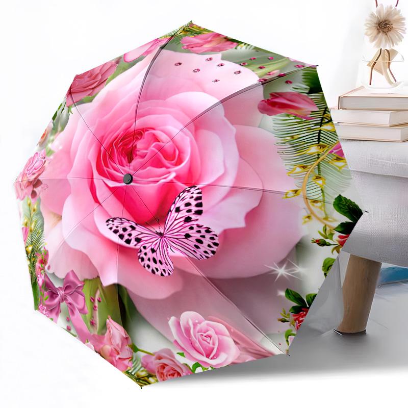 Pink Roses And Butterflies Automatic Umbrella Retractable Design with 8-Rib Durability Sturdy Construction All-Season Umbrella for Travel