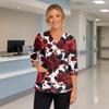Womens Halloween Print V Neck Medical Scrub Top with Pockets Side Slits and Three Quarter Sleeves Halloween Themed Nurse Uniform Shirt