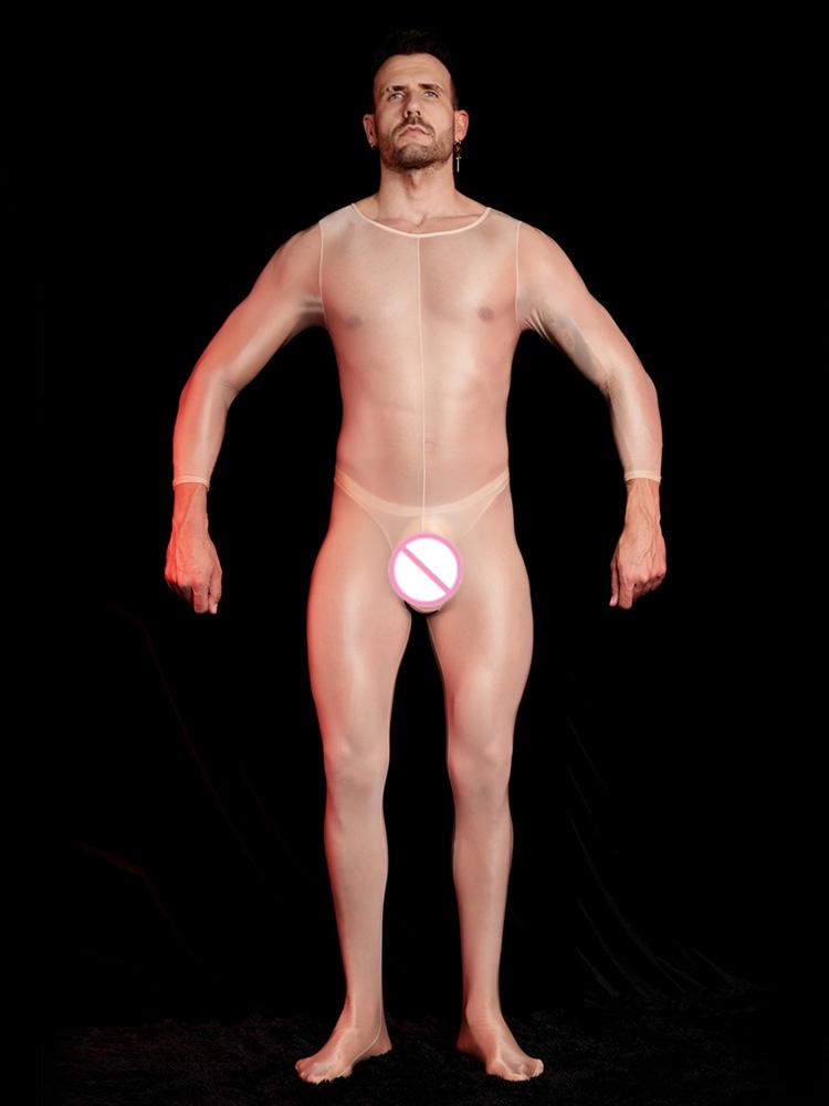 Sexy Men Breathable Oil Glossy Shiny Shapping Bodysuit Stain Sheer See Through Tights Elastic Fitness Shapping Maid Leotard