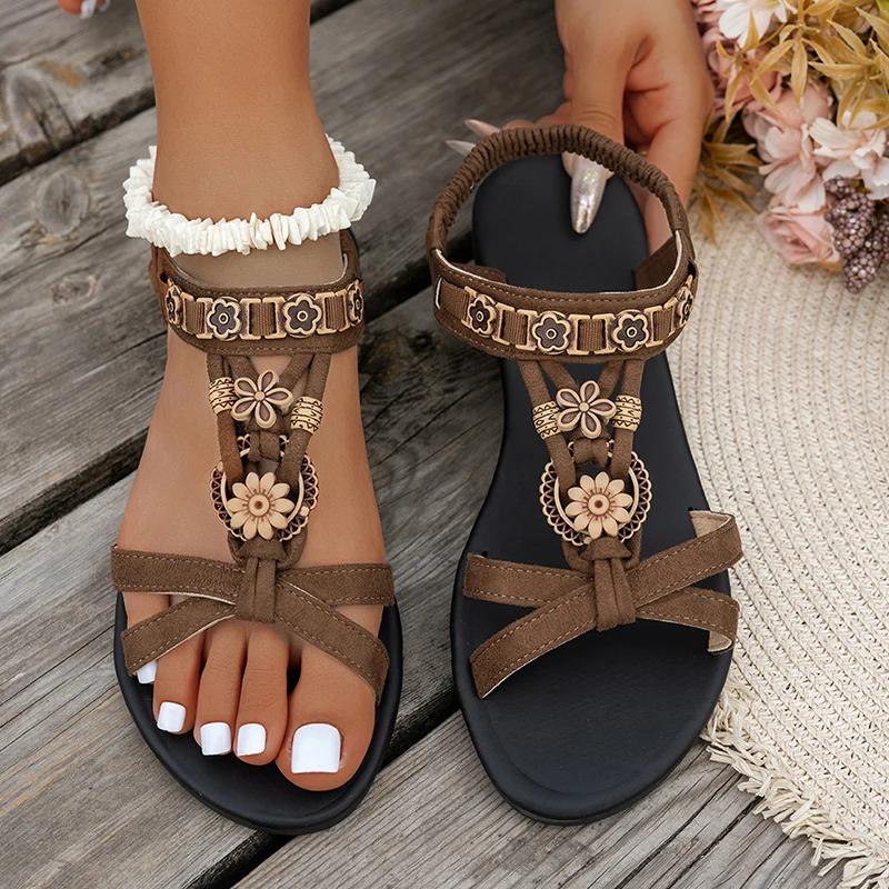 Flower Beaded Bohemian Sandals for Women Summer 2025 Roman Style Comfortable Flat Sandals Woman Lightweight Non Slip Beach Shoes