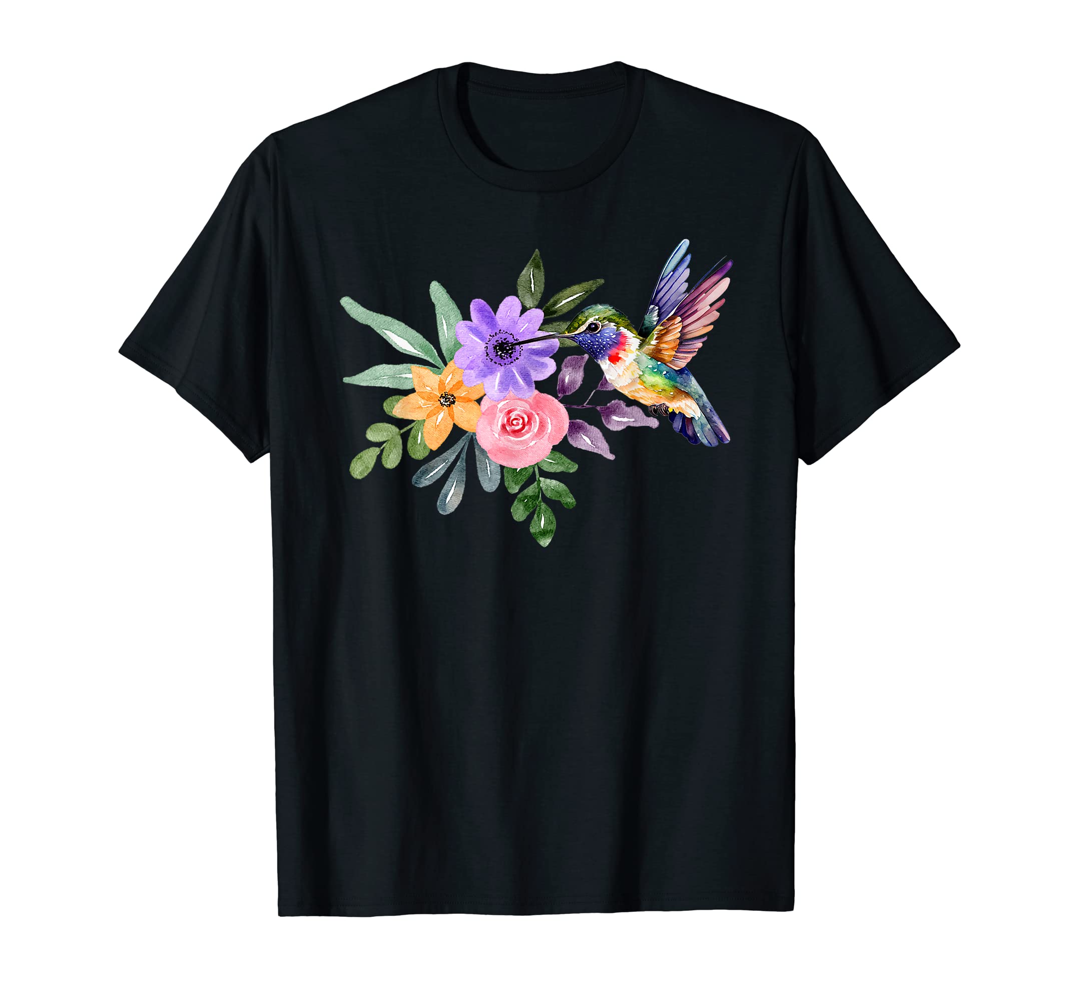 

Floral watercolor hummingbird spring summer flower apparel t-shirt чорний