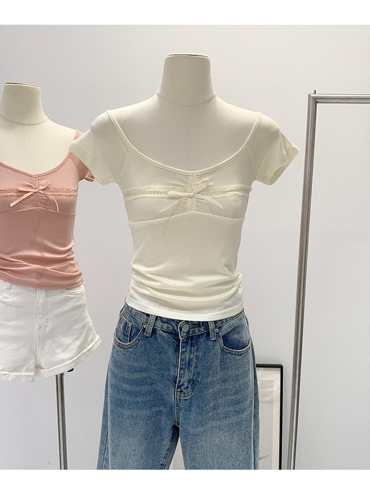 Korean Sweet & Spicy Lace Large Neckline Slim T-Shirt – Women's Summer 2024 Collection