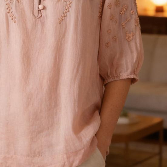 Camicia da Donna Ricamata Floreale Manica a 3/4 a Palloncino Vestibilità Larga Pullover Top Orlo Curvo Casual Estiva Blusa Traspirante Quotidiano
