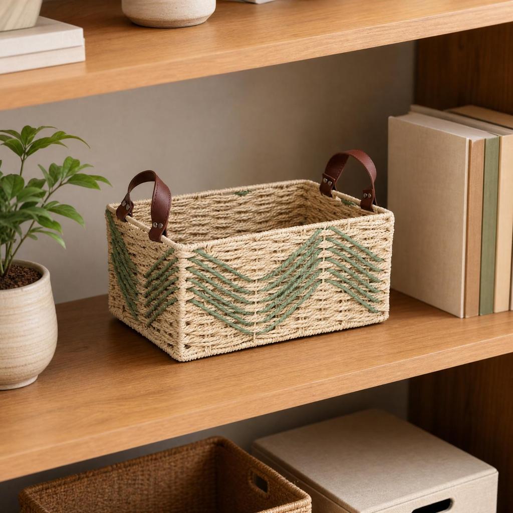 Rectangular Storage Basket with Leather Handles Open-Top Desktop Woven