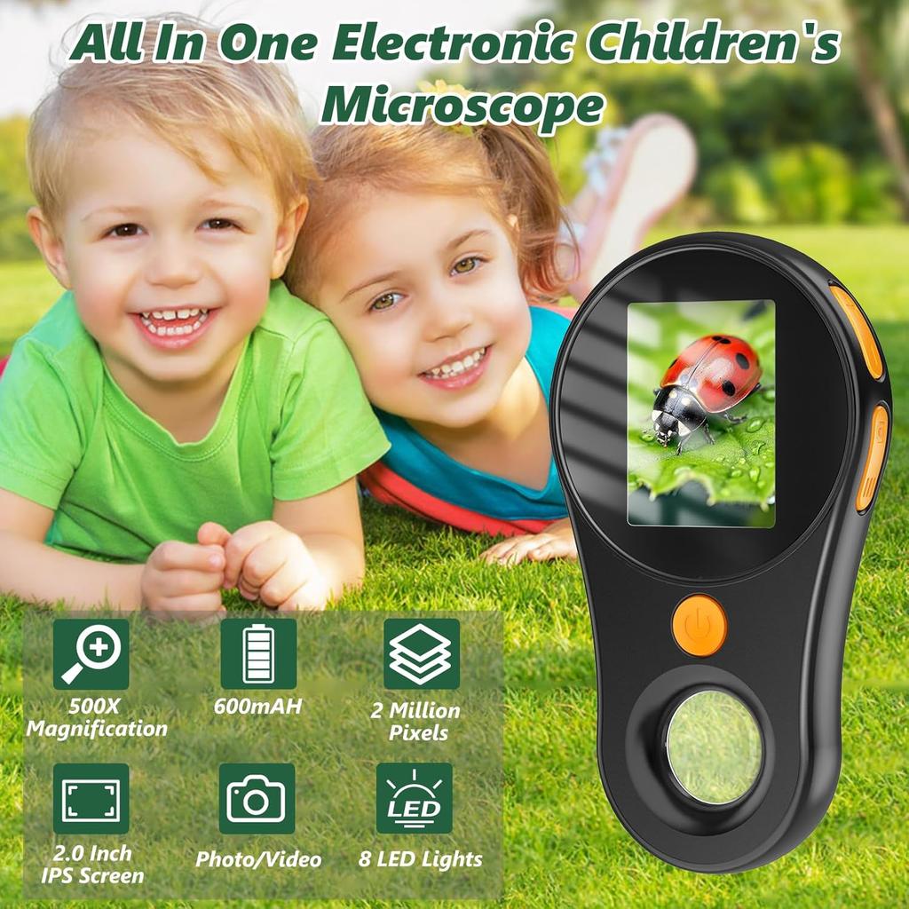 2MP mini digitální mikroskop, kapesní mikroskop s 500násobným zvětšením pro děti, 3úrovňové LED osvětlení, dobíjecí baterie 600 mAH, kompatibilní s Windows a Mac OS