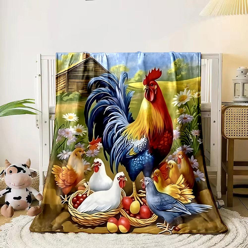 Rooster and Chickens On Farm Scene Print Blanket Soft and Cozy Perfect for the Living Room Bed Sofa or a Nap,gift