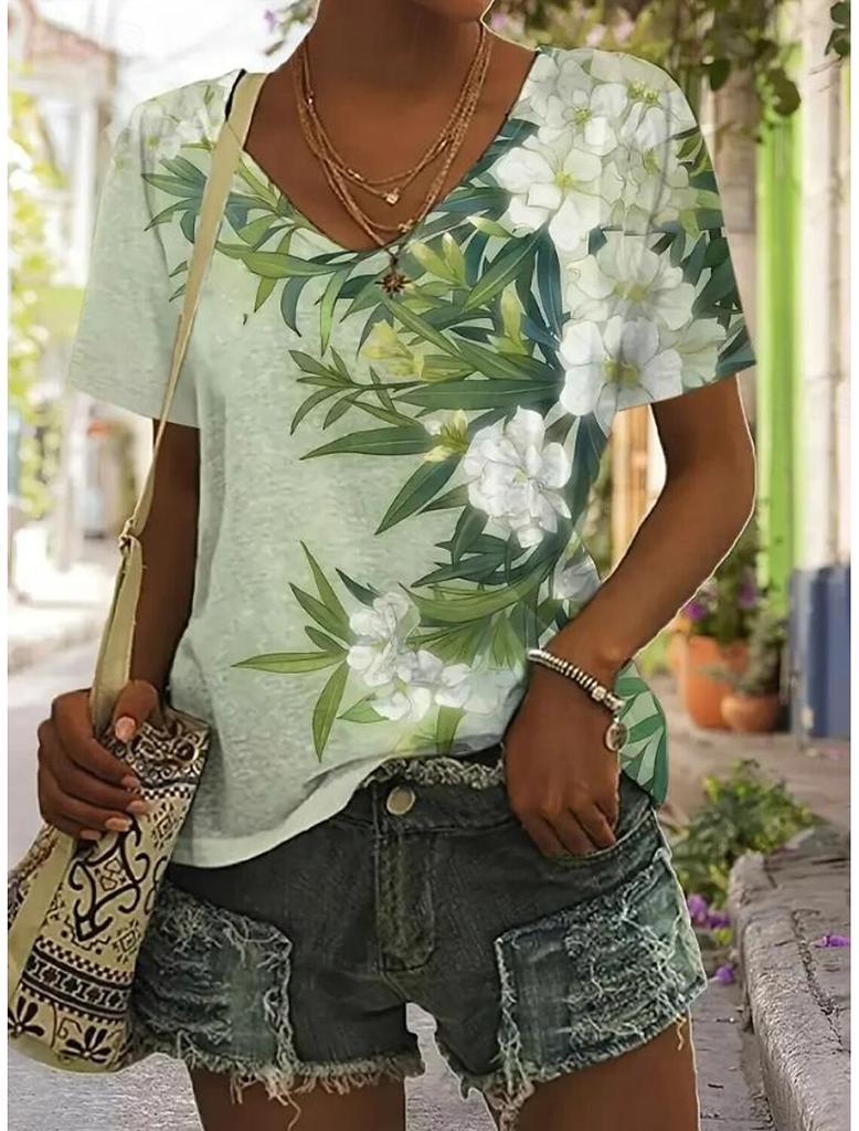 Καλοκαιρινό Γυναικείο T-Shirt Με Φλοράλ Γραφικό Φυτά Βίντατζ Τροπικό Χαβανέζικο Κοντομάνικο V-Neck Κανονικά Τοπ Καθημερινό Με Σχέδιο Ανοιξιάτικα T-Shirts
