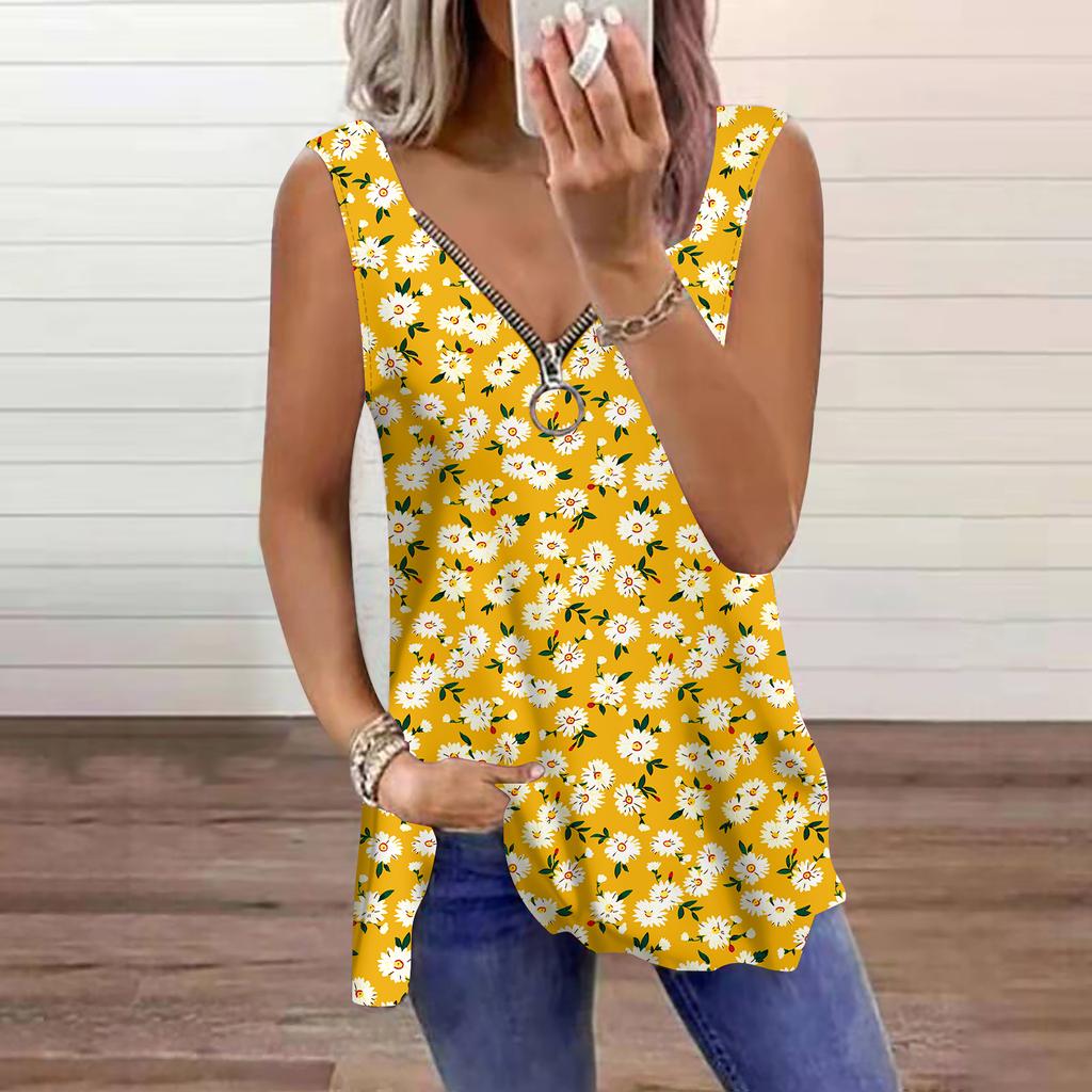 Women's Top Summer Little Daisy Printed Casual Plus Size Sleeveless Zipper V-neck Top Tank Top