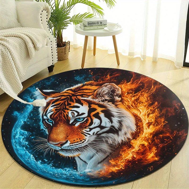Round Crystal Velvet Rug,, Ice and Fire Fashion Tiger Print, Non-slip Mat, Home Decorative Carpet for Bedroom, Living Room, Office Chair Pad