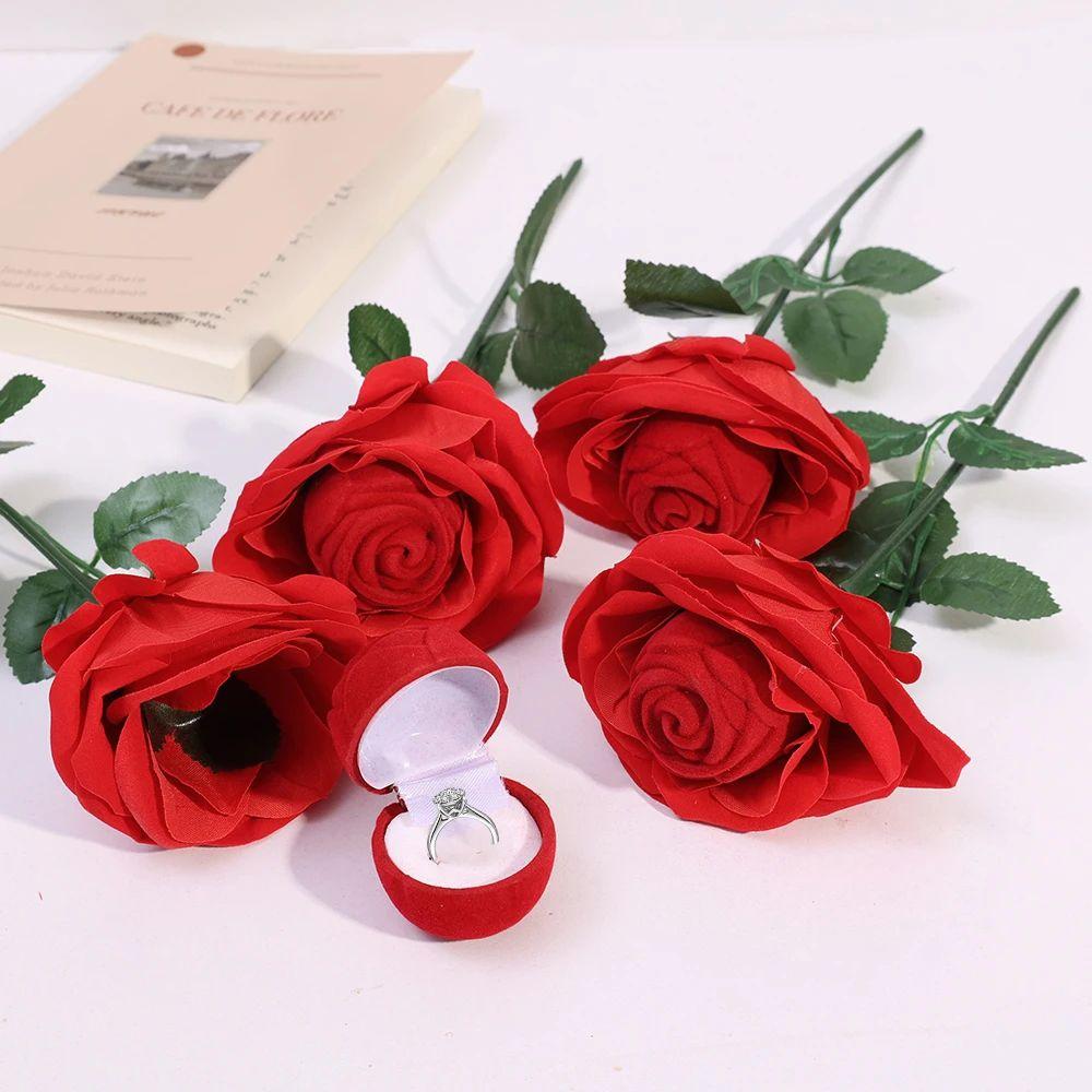 Red Flower Stem Jewelry Box Stud Earrings Engagement Rings Box  Gift Box
