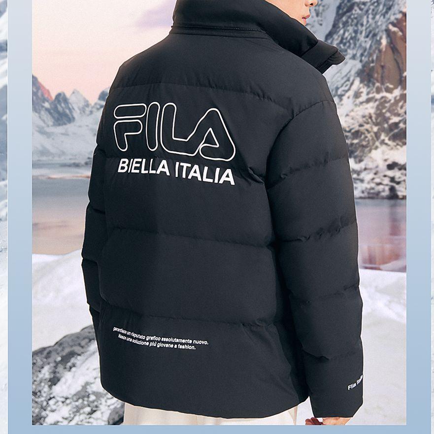 Fila Geacă de puf lejeră casual cu glugă, cu logo simplu, cu mâneci lungi, unisex, îmbrăcăminte exterioară neagră F11U249902F-BK