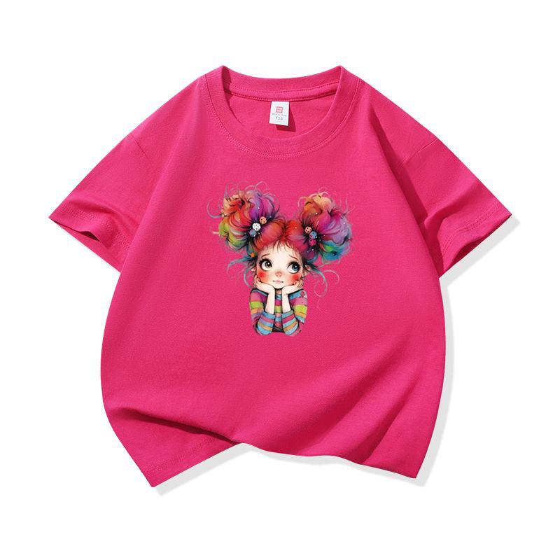 Kids Cotton T Shirt Cheerful Rainbow Hair Girl Graphic Print Crew Neck Short Sleeve Tee Casual Boys Girls Summer Tops