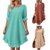 Summer Loose A-line Midi Dress for Women Solid Color Big Swing Ruffle Patchwork O Neck Pullover Knee Length Mid Sleeves Dress