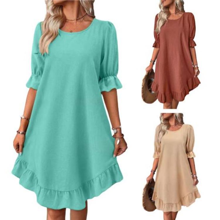 Summer Loose A-line Midi Dress for Women Solid Color Big Swing Ruffle Patchwork O Neck Pullover Knee Length Mid Sleeves Dress