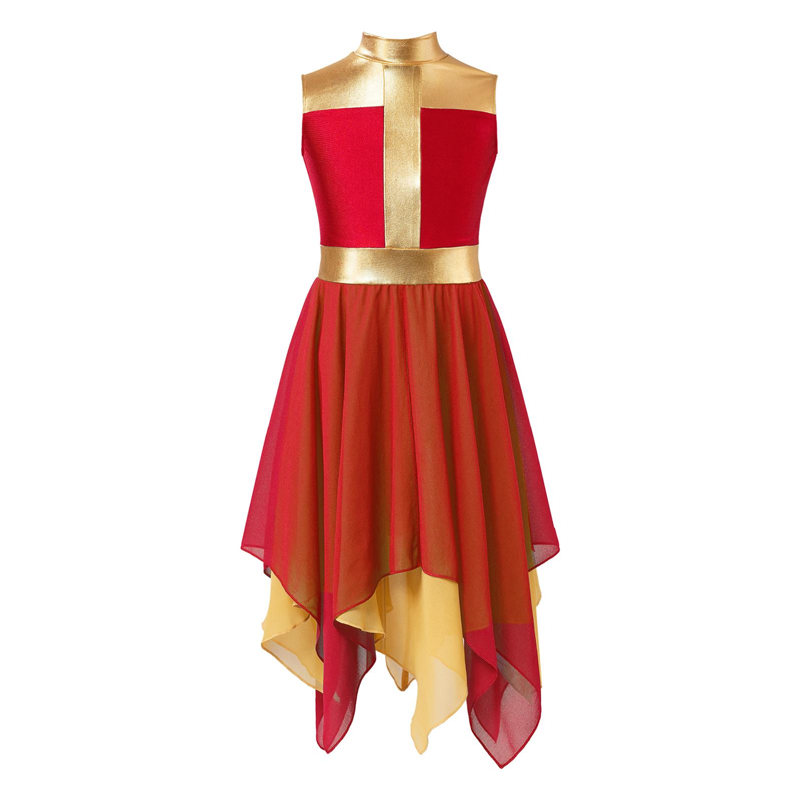 

Girls Worship Dance Dress Sleeveless Chiffon Hem Contrast Design Cross Print Praise Lyrical Performance Costume 5-6 Years червоний