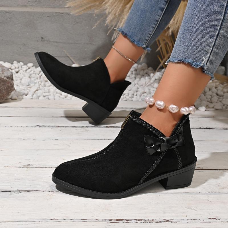 Fashion New Winter Chunky Cotton Boots Women's Pointed Suede Butterfly Knot Side Zipper Soft-soled Non-slip Ankle Boots