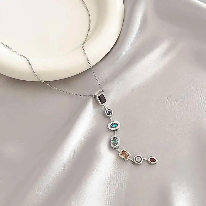 Retro Style Colorful Zircon Tassel Irregular Splicing Long Necklace Light Luxury Pendant Collarbone Chain For Women Jewelry