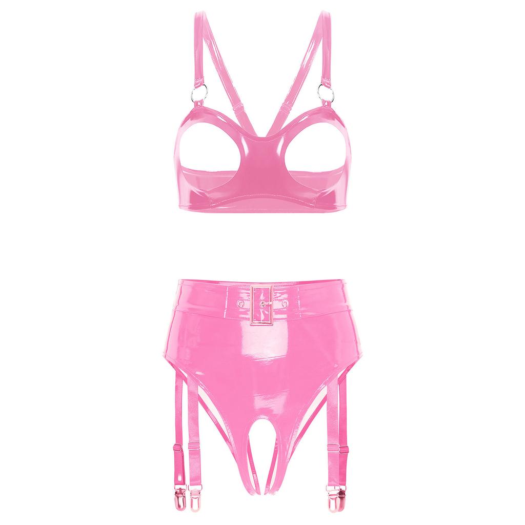 Ladies Glossy PU Leather Clubwear Set Open Cup Wireless O-Ring Bralette plus Integrated Panty Tiered Mini Skirt with Garter Clips for Night Out