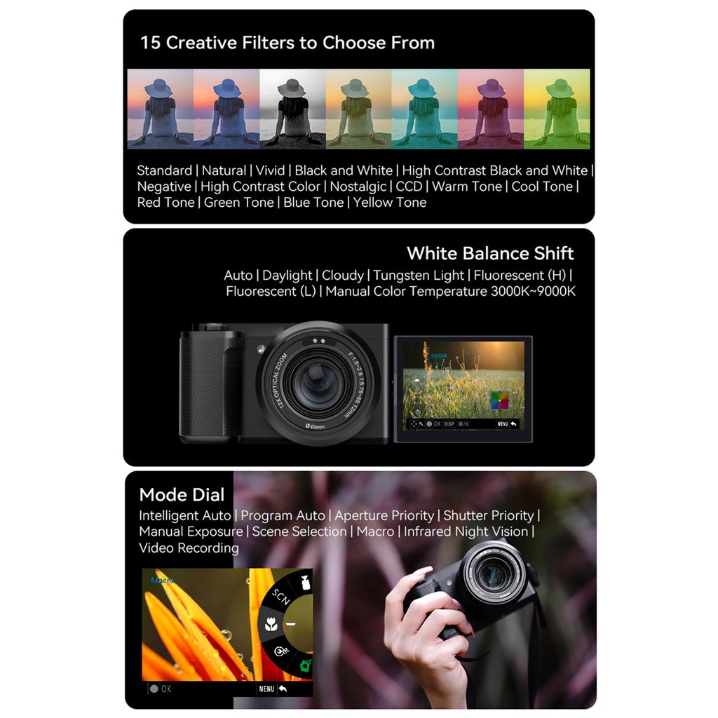 5K Digital Camera 64MP WiFi Digital Video Camera Camcorder 3.2 Inch Flip Touch Screen 12X Optical Zoom Auto Manual