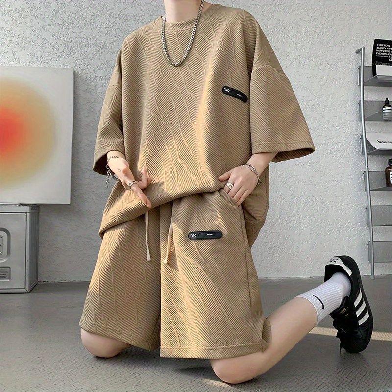 Autumn Waffle Sets Men's Casual T-Shirts + Shorts Set Male Sports Basketball Suit Tracksuit Loose Thicken Suits