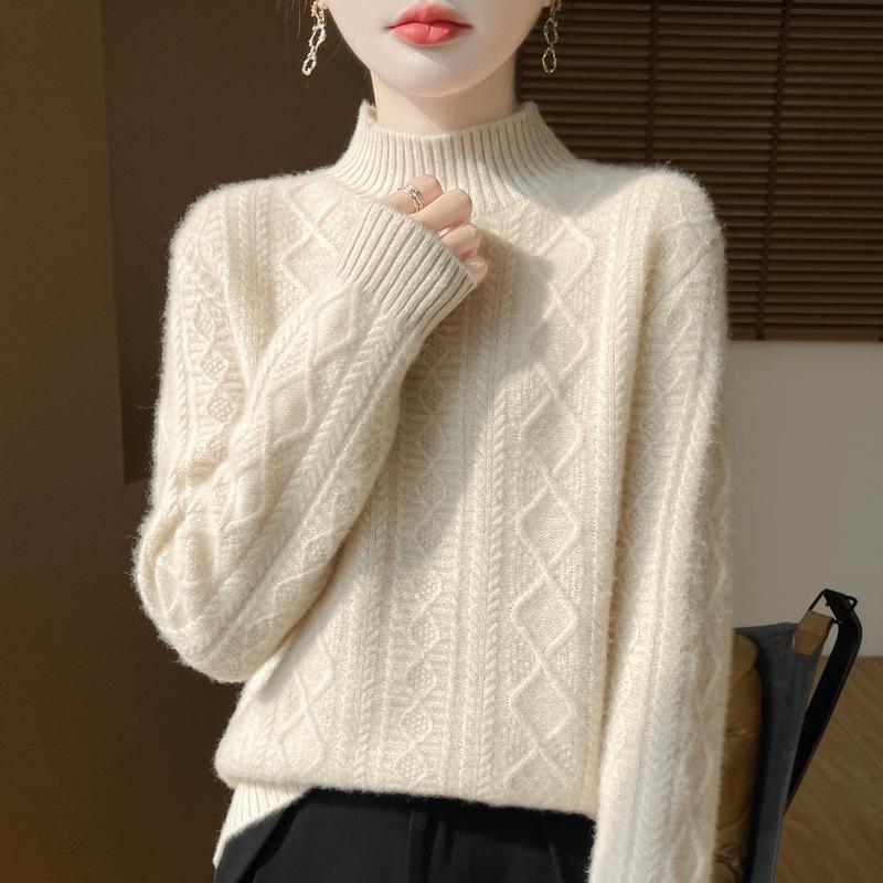 Women's High-Neck Diamond Pattern Knit Pullover Sweater, 2024 Autumn/Winter, Loose Fit, Thickened Short Base Layer