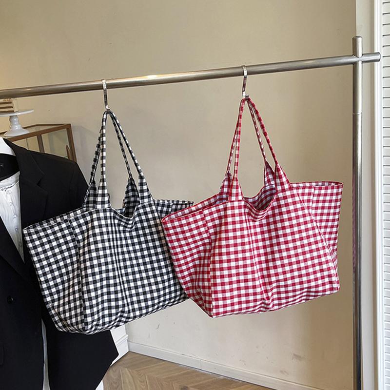 Large Capacity Plaid Women's Canvas Shoulder Bags Simple Commuter Female Shopping Bag College Girls Book Tote Travel Handbags