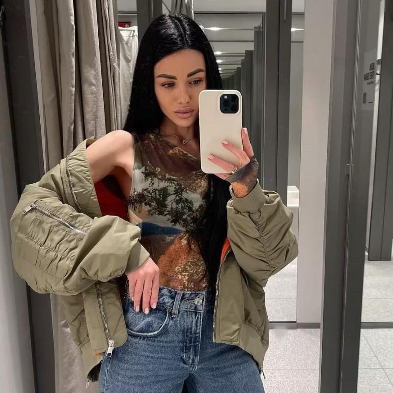 Womens Oversized Y2K Streetwear Bomber Jacket Loose Fit Zip-Up Windbreaker In Army Green Black