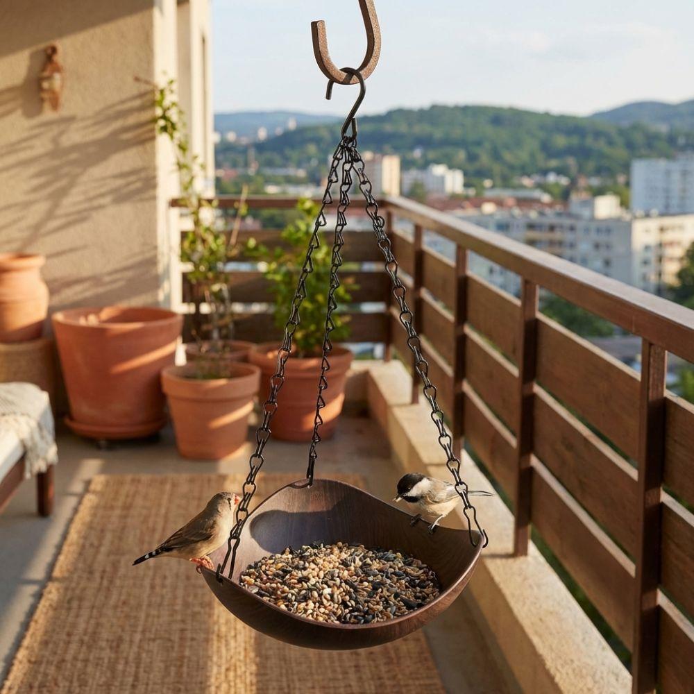 Retro Style Wood Grain Bird Feeders S Hooks Open Bowl-shaped Hanging Bird Bath Thickened Iron Chains Plastic Bird Bathtub