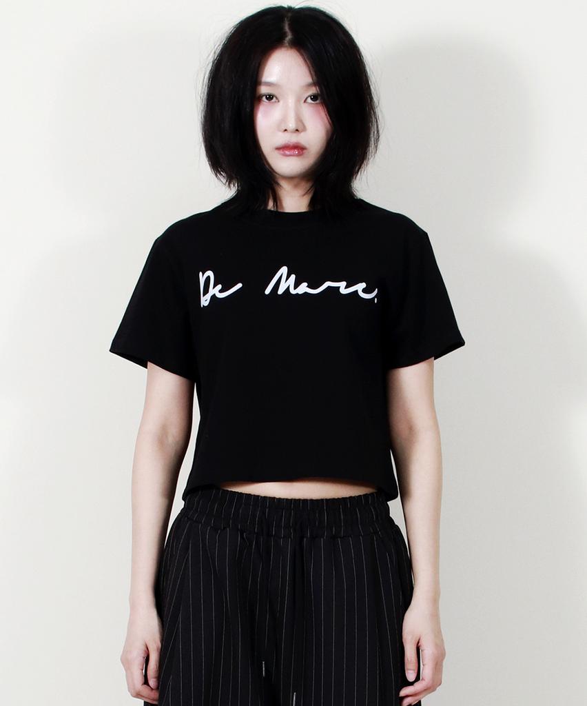 Deumakeu Rough Writing Text-Logo Crop T-Shirt Black