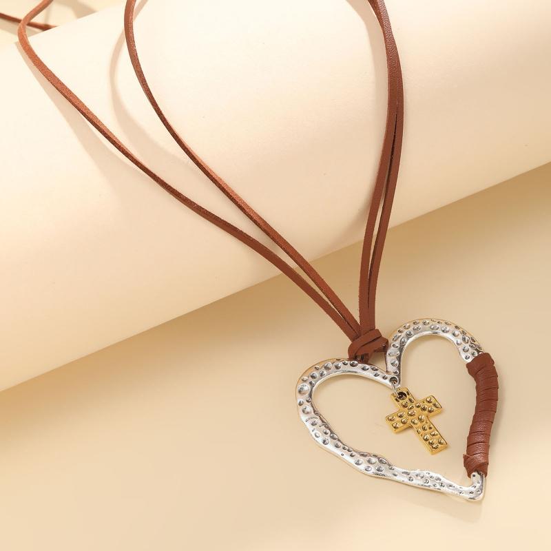 Crucifix Charm Pendant Necklace Heart Love Crucifix Chain Jewellery Filigree Design Leather Chain Jewelry Vintage Chok