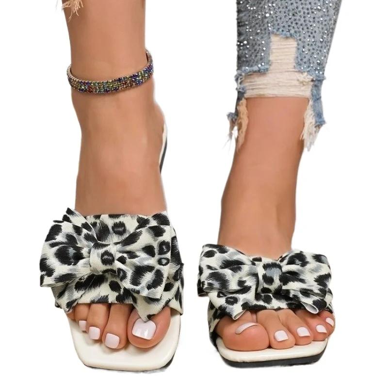 Fashion 2025 New Ladies Shoes Open Toe Women's Slippers Fashion Leopard Print Butterfly-knot Plus Size Best Seller Light Flat Slippers