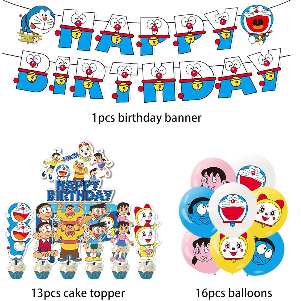 

New 30pcs Doraemon Theme Party Supplies Include a Banner, Balloons, Cake Toppers