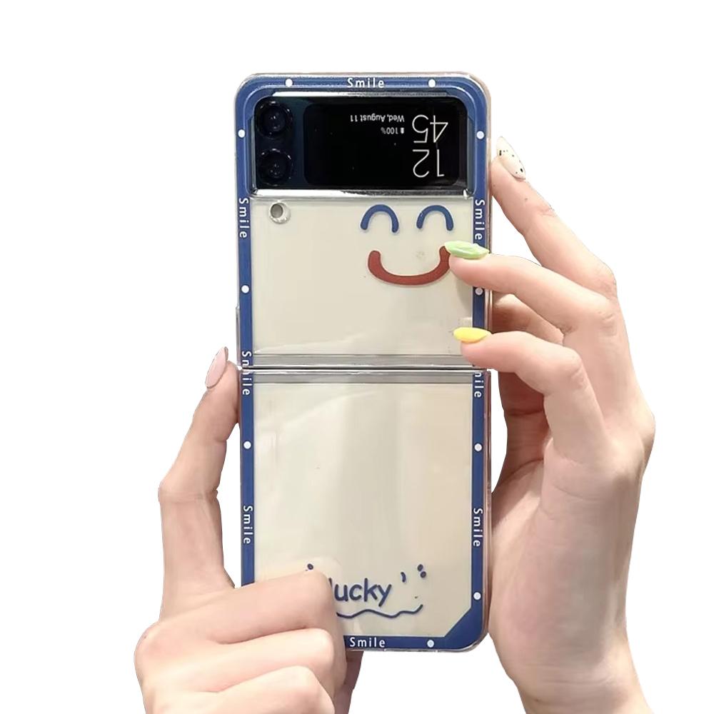 Korean Cute Happy Pattern Phone Case For Samsung Galaxy Z Flip 6 5 3 4 Transparent Hard Folding Fundas Shockproof