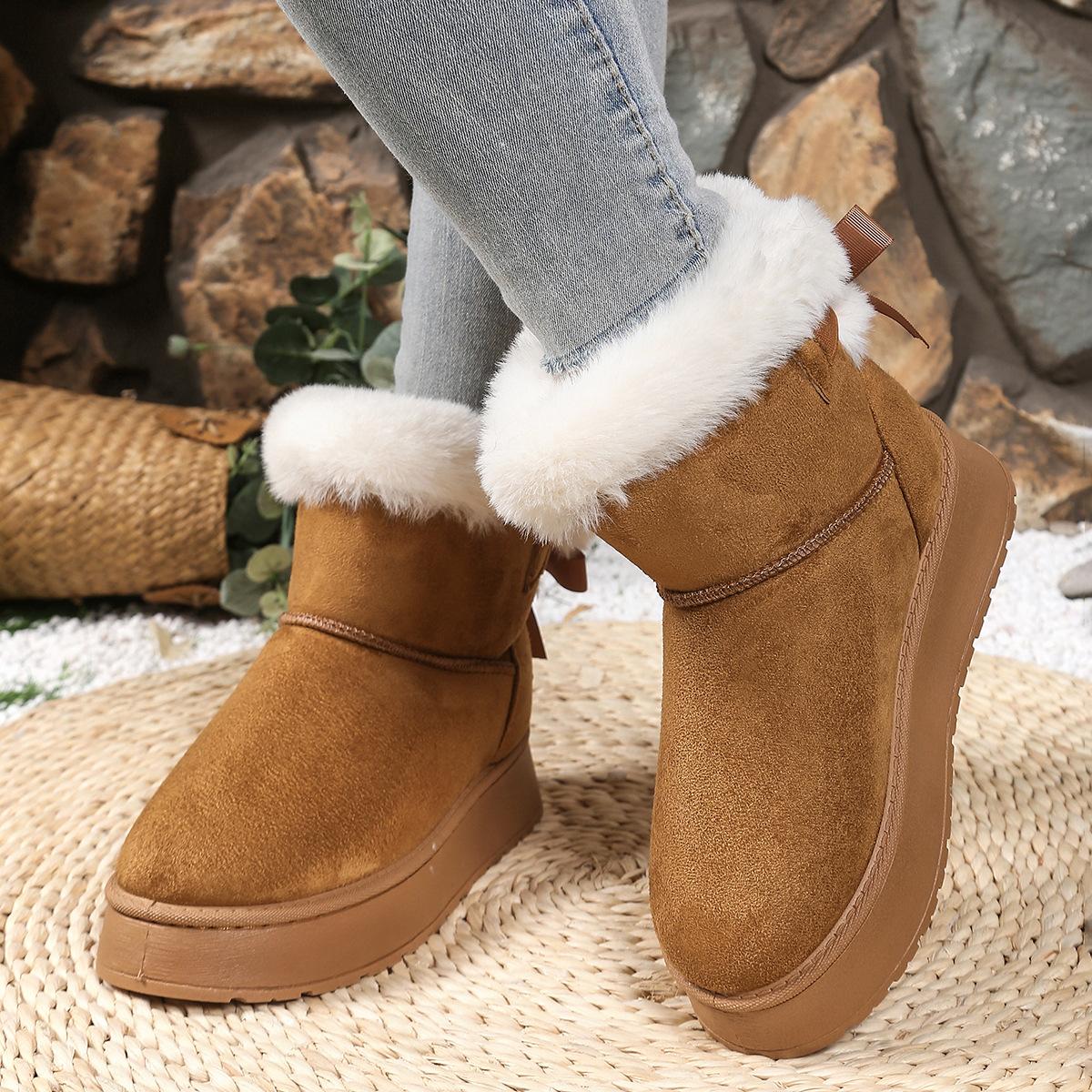 

Утепленные флисом зимние сапоги слипоны 2025 зимний новый стиль массивная подошва до середины икры меховой бант хлопковая обувь 42 малиновый