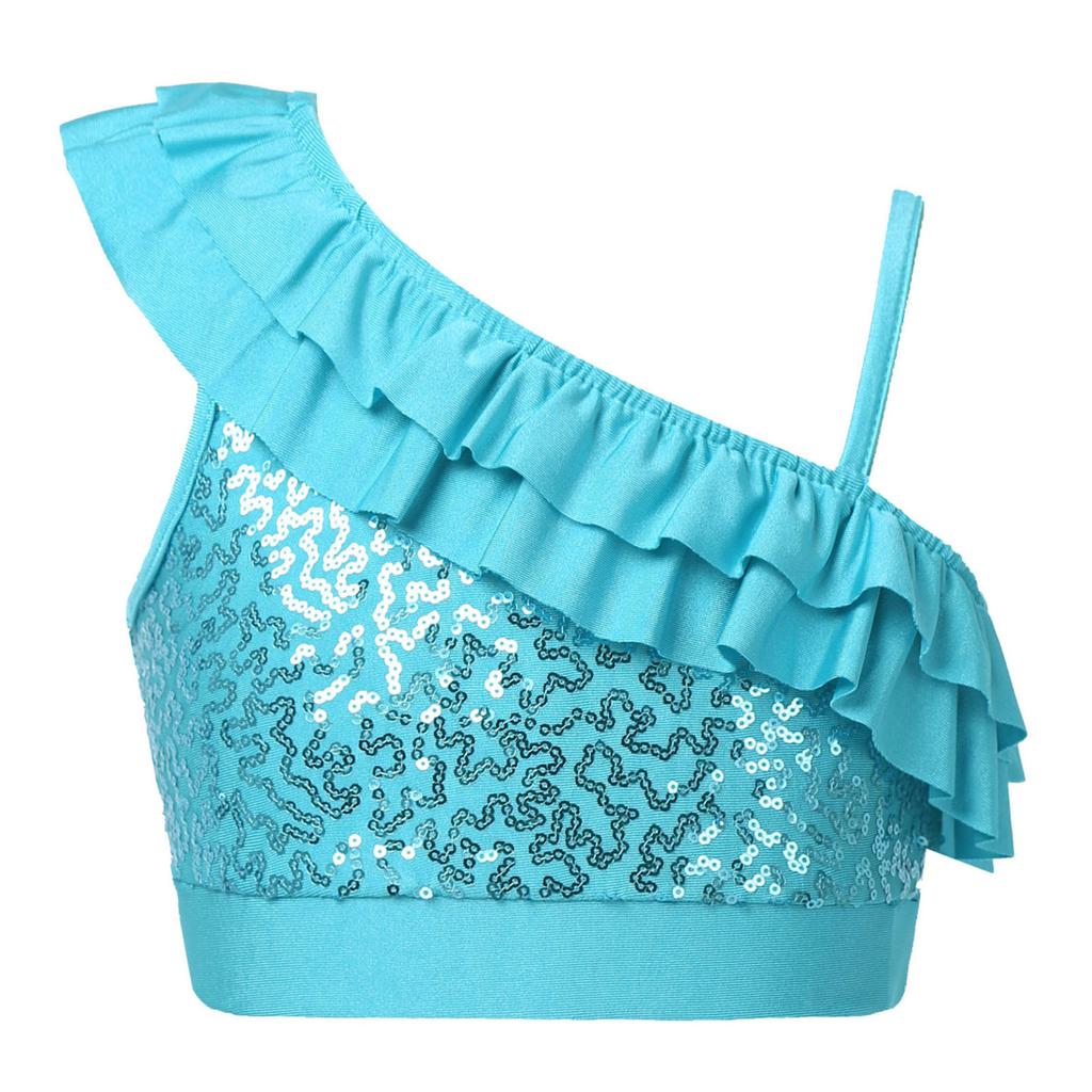 Kids Girls Dance Crop Top Asymmetrical Shoulder Straps Sleeveless Sequins Ruffle Tops Ballet Jazz Dance Stage Performance Wear