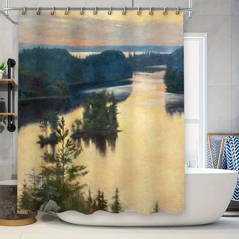 

Artistic Bath Decor Tranquil River Sunset Shower Curtain With Greenery Woodland Design For Home Bathroom Decoration (White Frame W60H190(CM)-1 Pcs