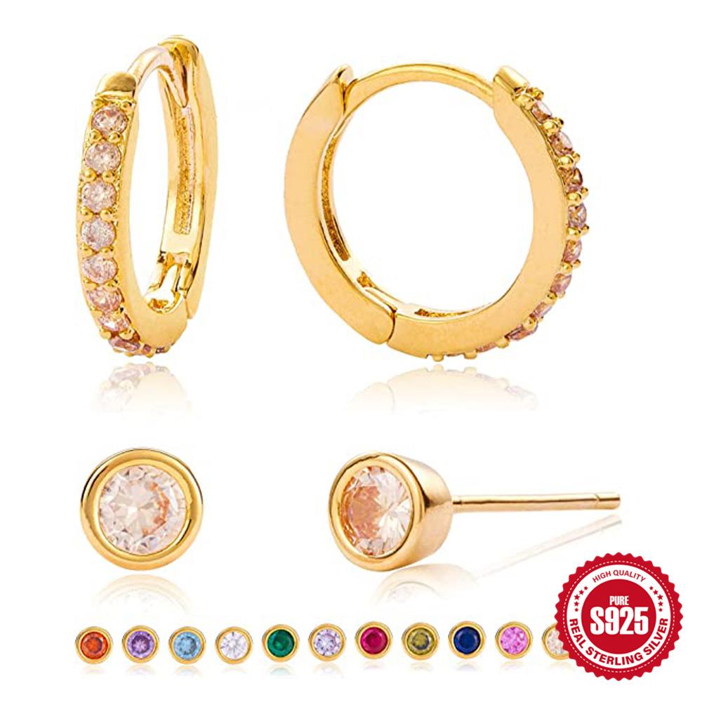 2 Pairs Of A Set Of S925 Sterling Silver Temperament Classic Earrings, Ear Buckles, Single Diamond-Encrusted Birthday Stone Studs Earrings