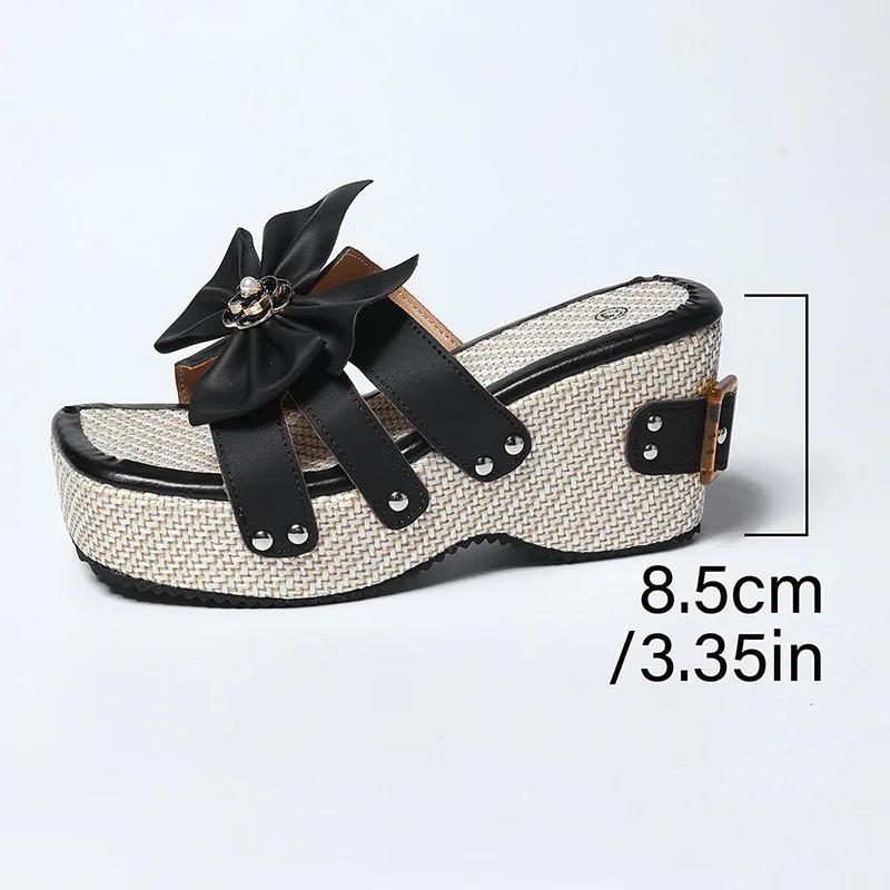 Fashion Bow Knot Chunky Platform Slippers for Women Fashion Buckle Design Thick Bottom Slides Ladies New Square Toe Wedge Sandals Mujer