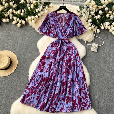 Damenkleid Französisches Vintage Platycodon Kleid Sommer Bindegürtel Taillendesign Sinn für Temperament Blumen Chiffonkleid